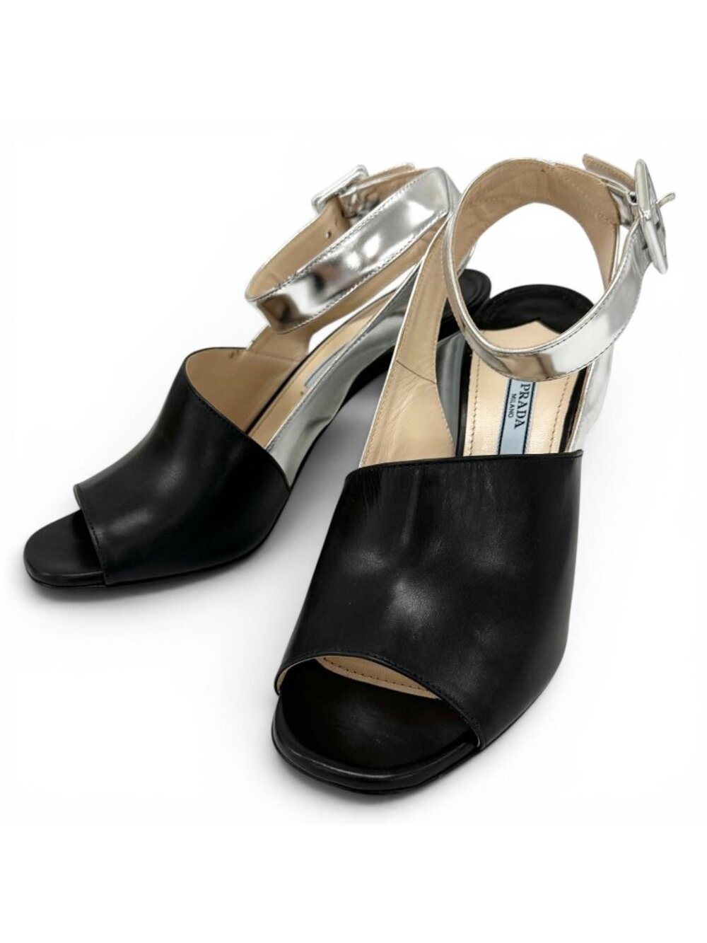 Prada Bicolor Ankle Strap Chunky Heel Leather Sandals Black Silver